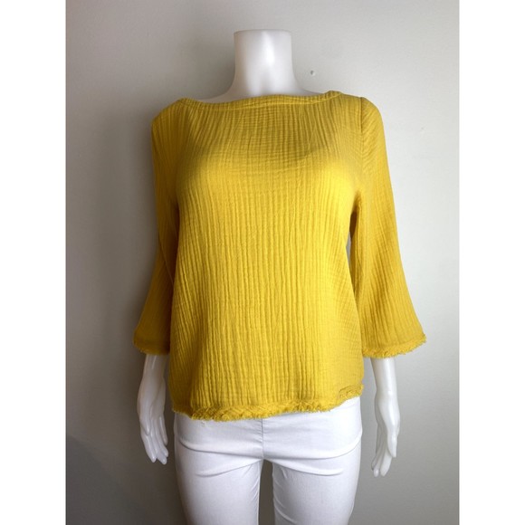 F. Eileen Fisher Organic Cotton Top L Yellow Blouse 3/4 Sleeve NWT $168 - Picture 2 of 11